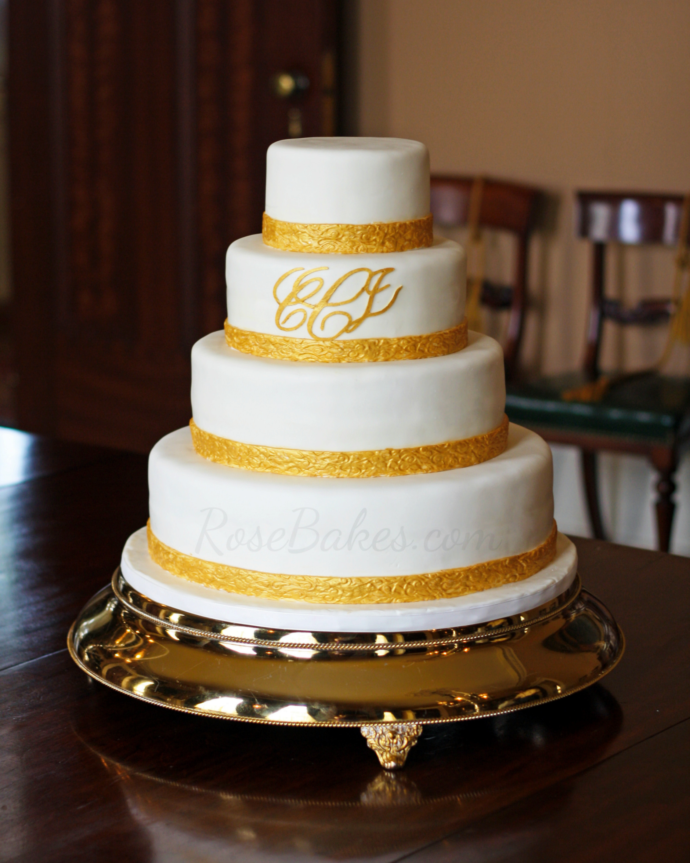 Wedding Cakes Monogram
 Classic Gold Monogrammed Wedding Cake Rose Bakes