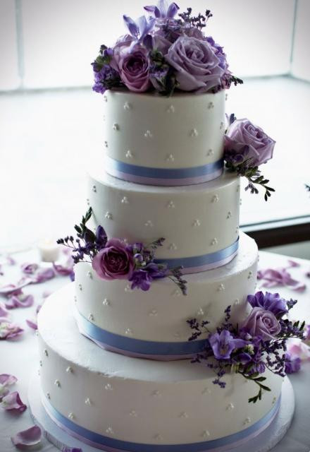 Wedding Cakes Purple Flowers
 White 4 Tier Wedding Cake with Lavender Light Purple