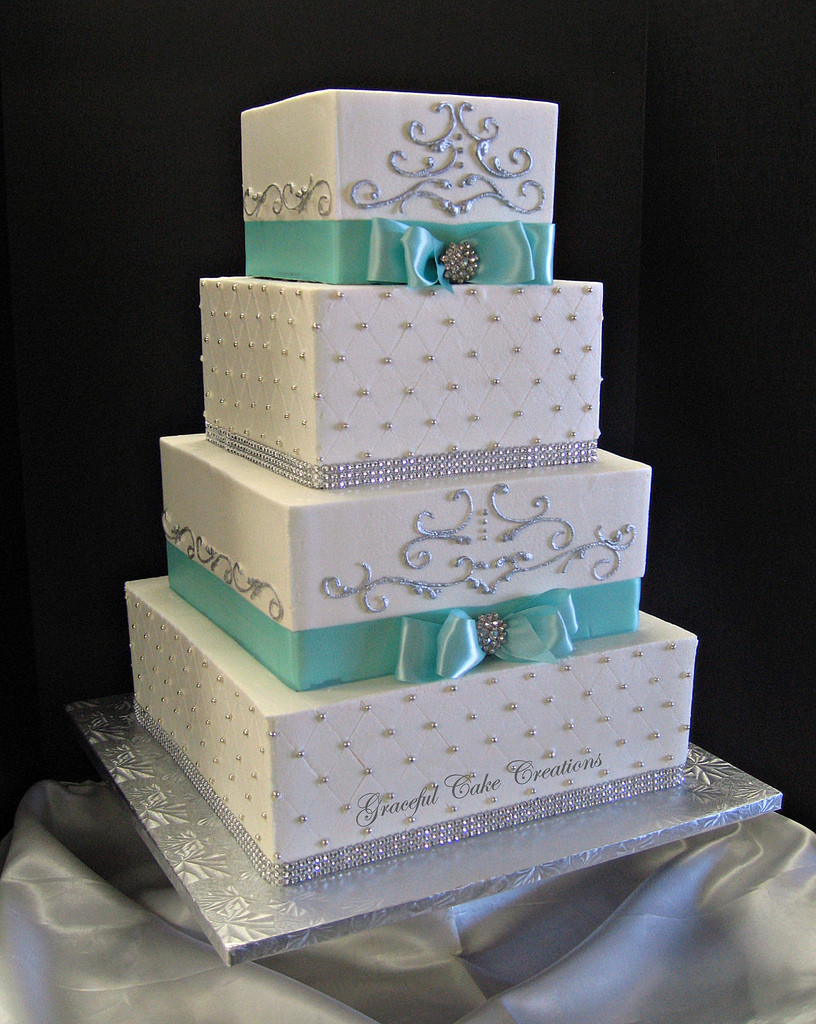Wedding Cakes Square
 Elegant Tiffany Blue and White Square Wedding Cake with