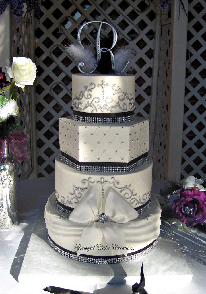 Wedding Cakes With Bling
 Elegant Black White and Silver Buttercream Wedding Cake