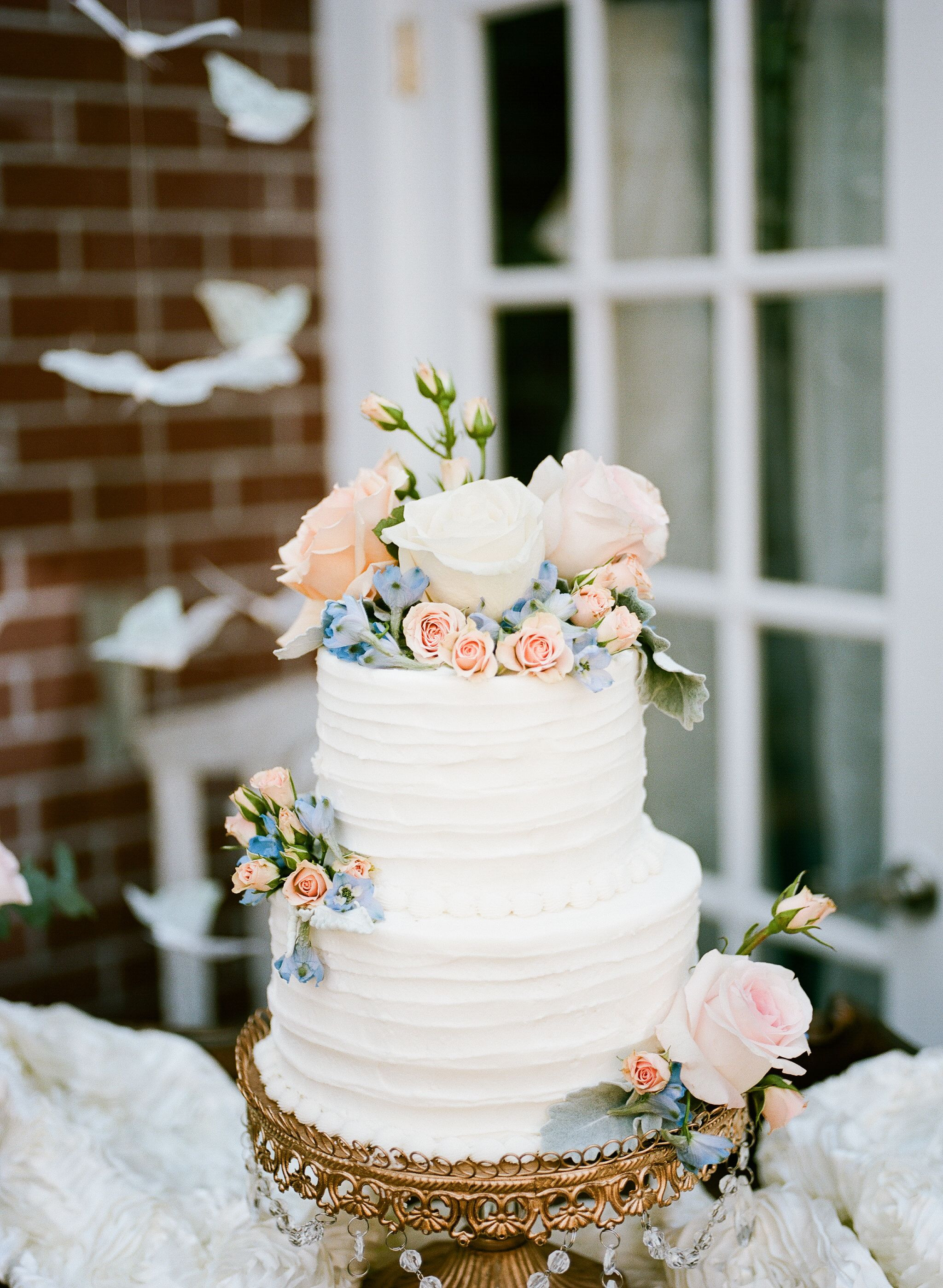 Wedding Cakes With Blue Flowers
 Buttercream Wedding Cake With Blush and Blue Flowers