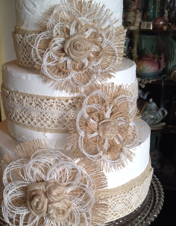 Wedding Cakes With Burlap
 Burlap and Lace Wedding Cake Topper Flower Set of 4