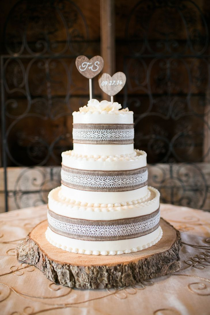 Wedding Cakes With Burlap
 Wedding Cake with Burlap and Lace and Custom Wood Heart Topper