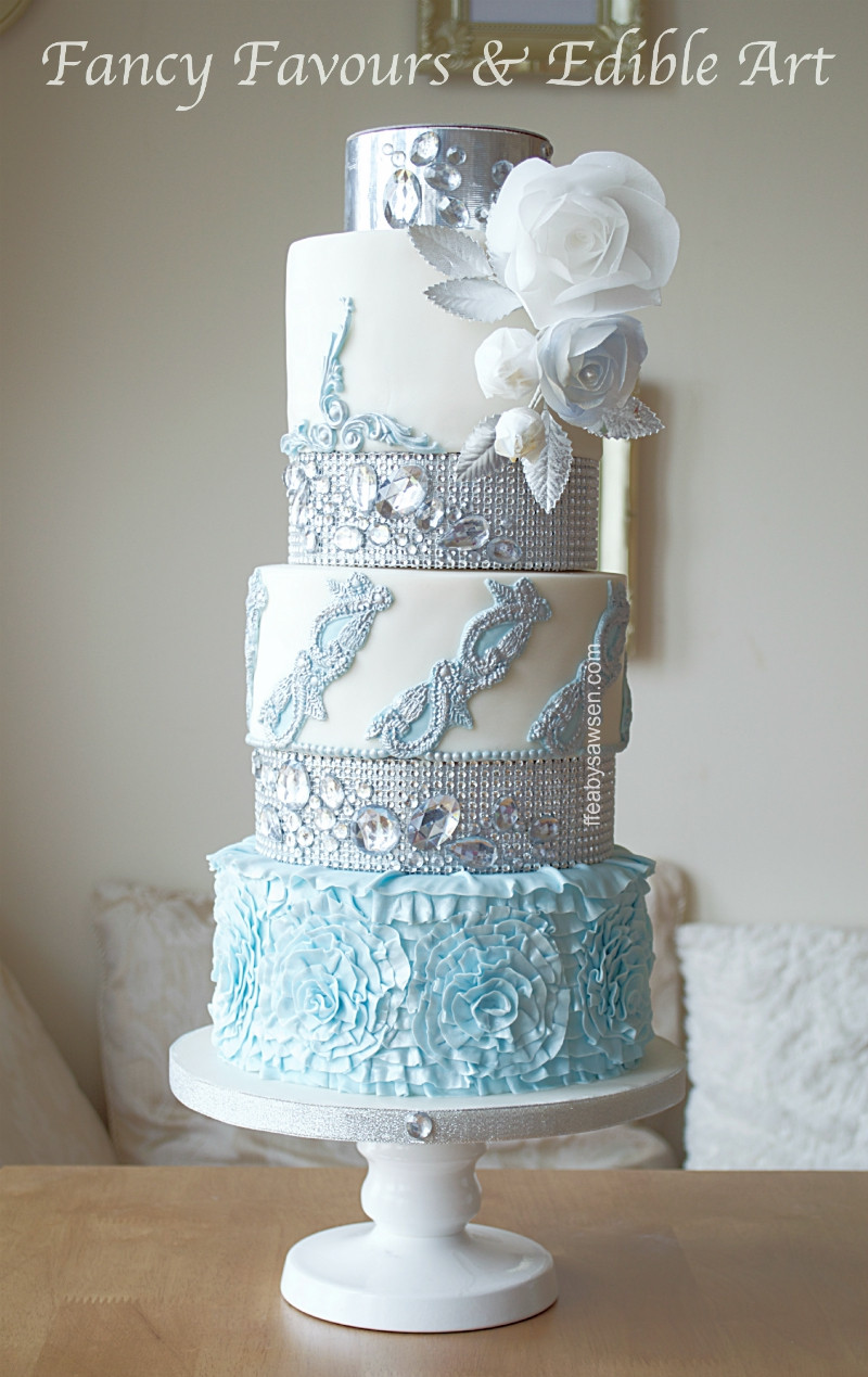 Wedding Cakes With Diamonds
 Blue & diamond wedding cake in Birmingham & diamante tier