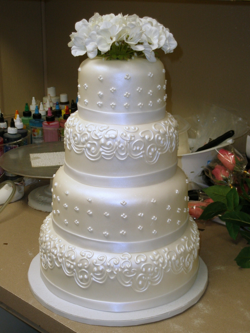 Wedding Cakes With Fondant
 Tier Round Custom White Pearl Fondant Classic Traditional