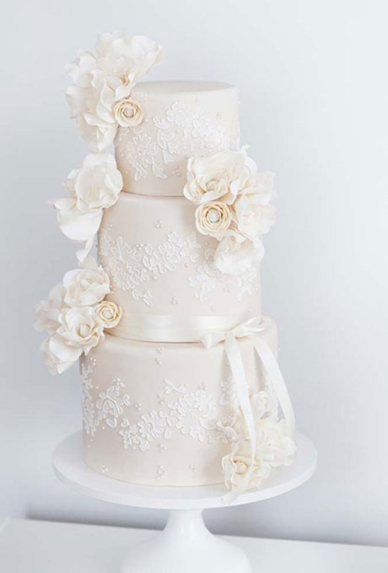 Wedding Cakes With Lace
 Three Tier Wedding Cake with Ivory Fondant and Lace