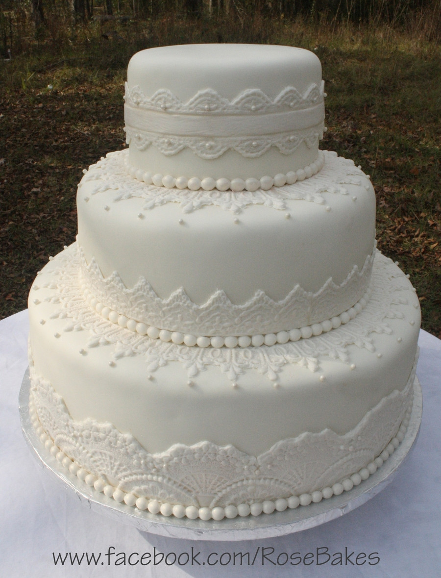 Wedding Cakes With Pearls
 Elegant White Lace & Pearls Wedding Cake CakeCentral