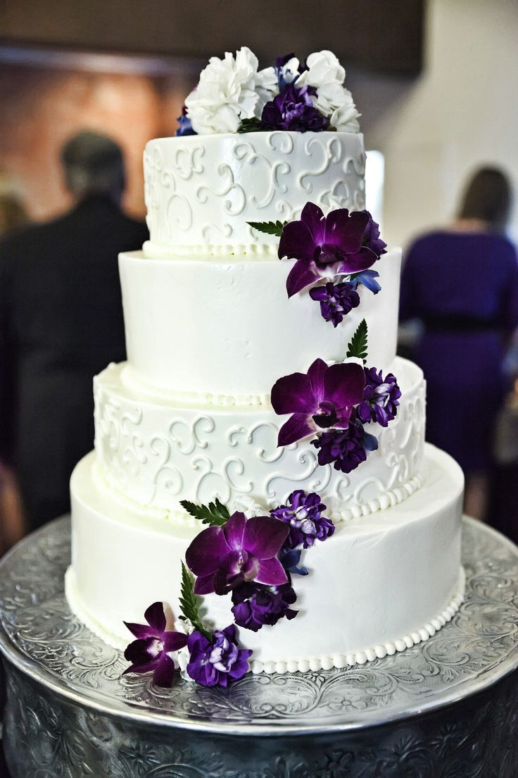 Wedding Cakes With Purple
 White and purple wedding cake with cascading purple