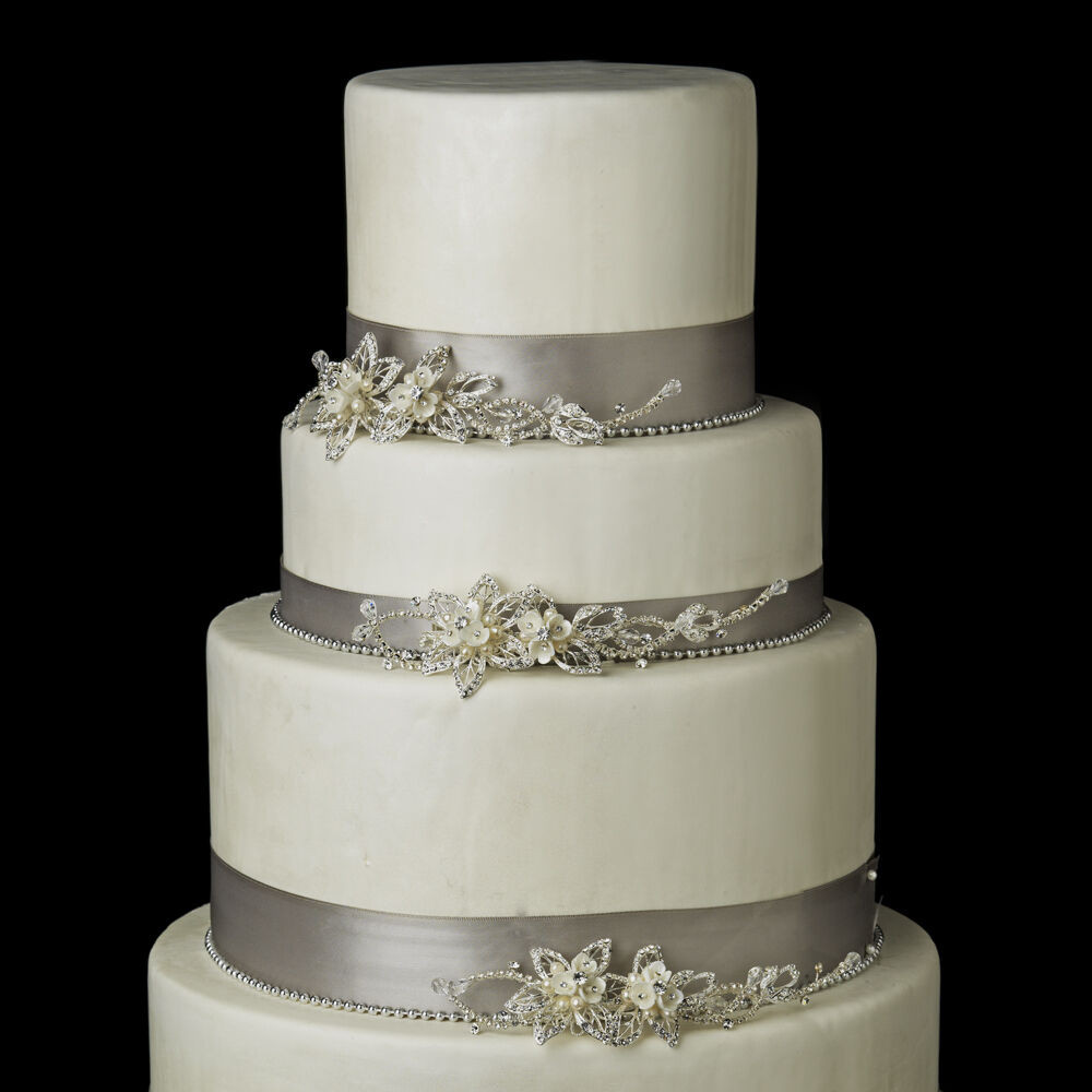 Wedding Cakes With Rhinestones
 Silver or Gold Pearl & Rhinestone Floral Vine Wedding Cake