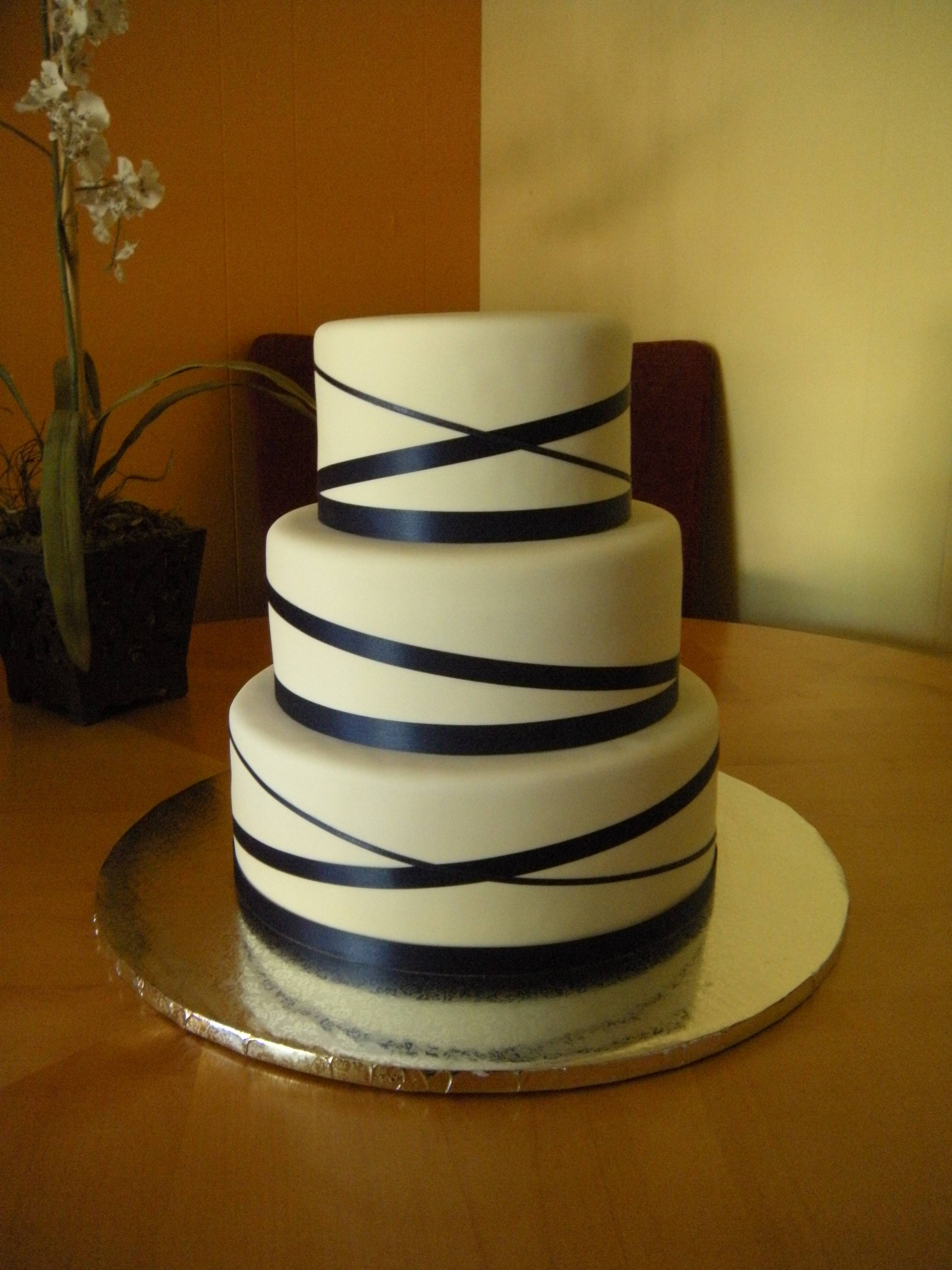 Wedding Cakes With Ribbon
 White Fondant with Blue Ribbon Wedding Cake