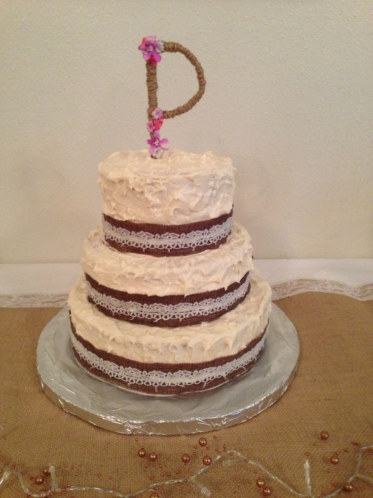 Wedding Cakes With Ribbons
 Gorgeous wedding cake burlap ribbon and handmade initial