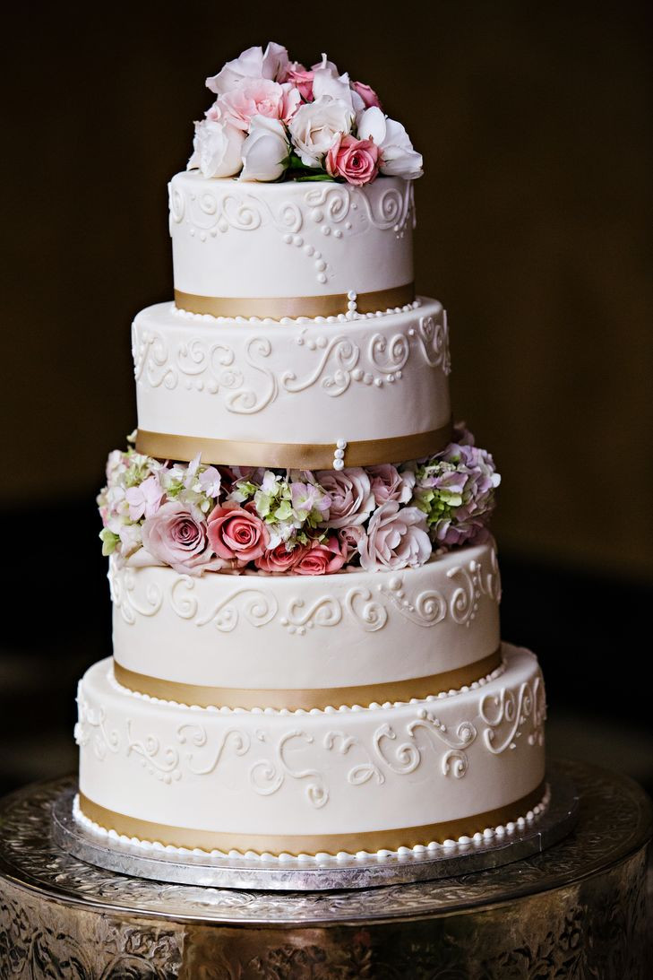 Wedding Cakes With Ribbons
 White Wedding Cake with Gold Ribbon and Flowers