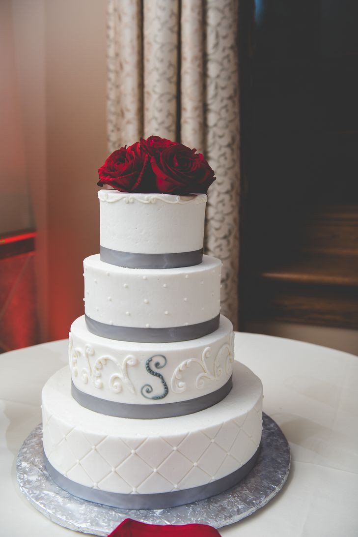 Wedding Cakes With Ribbons
 White Wedding Cake with Silver Ribbon and Red Roses