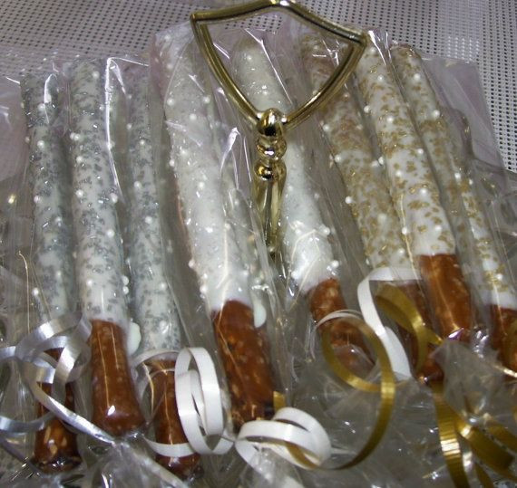 Wedding Chocolate Covered Pretzels
 Pretzel Rods Gold White Silver Chocolate Covered Pretzel