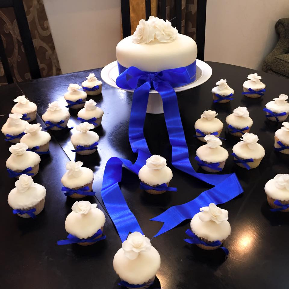 Wedding Cupcake Cakes
 Elegant Royal Blue and White Wedding Cake and Cupcakes