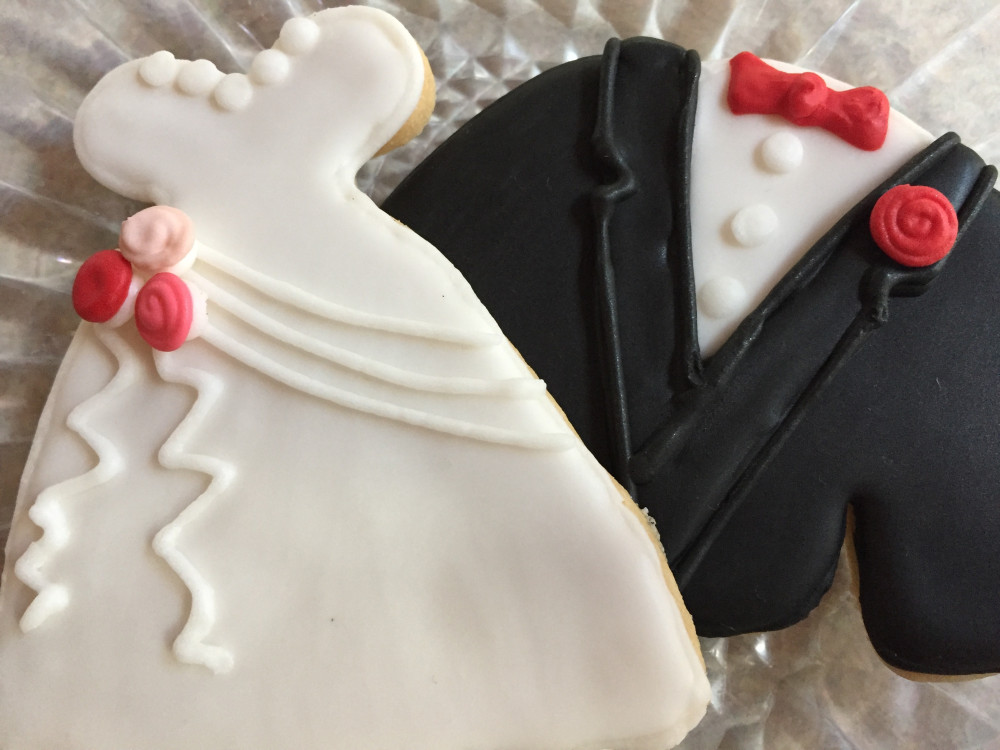 Wedding Cut Out Cookies
 Bride Dress & Groom Tux Royal Icing Frosted Cut Out Cookie