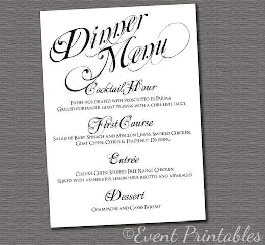 Wedding Dinner Menu
 Printable Menu Card Wedding Reception Dinner Menu Black