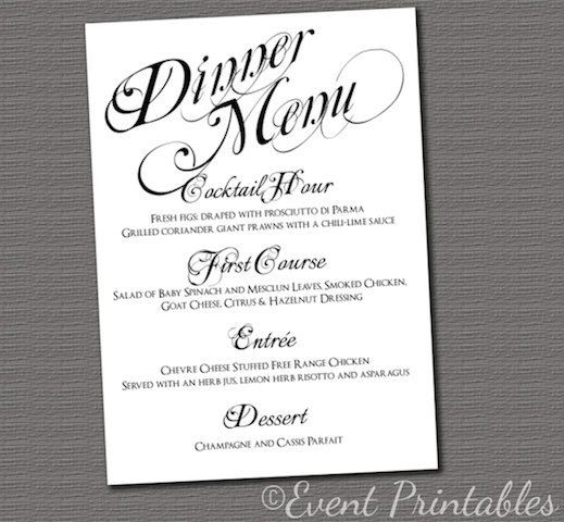 Wedding Dinner Menus
 Printable Menu Card Wedding Reception Dinner Menu Black