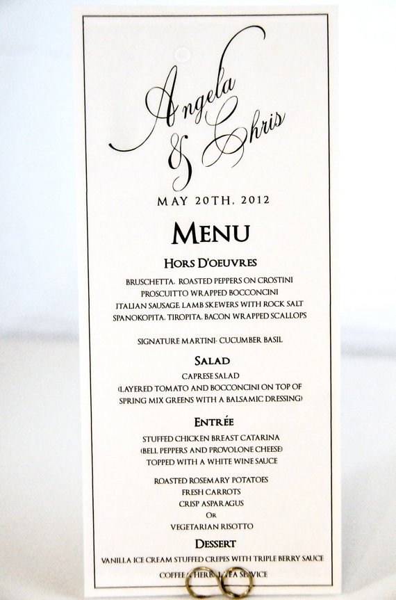 Wedding Dinner Menus
 Wedding Menu Card Tea Length Calligraphy Style with