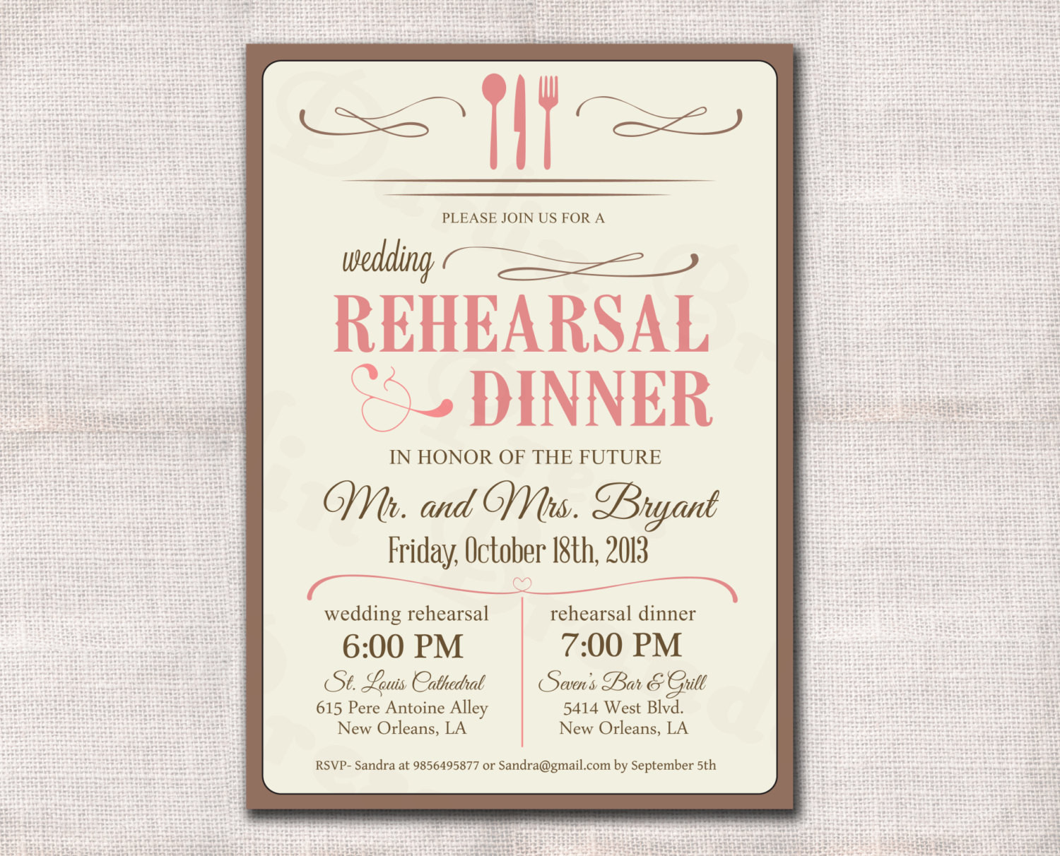 Wedding Rehearsal Dinner Invitations
 Wedding Rehearsal Dinner Invitation custom printable 5x7