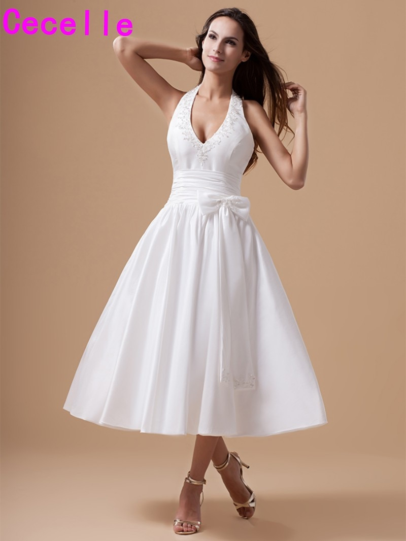 Wedding Rehersal Dinner Dresses
 Vintage Tea Length Taffeta Wedding Dresses Halter Straps