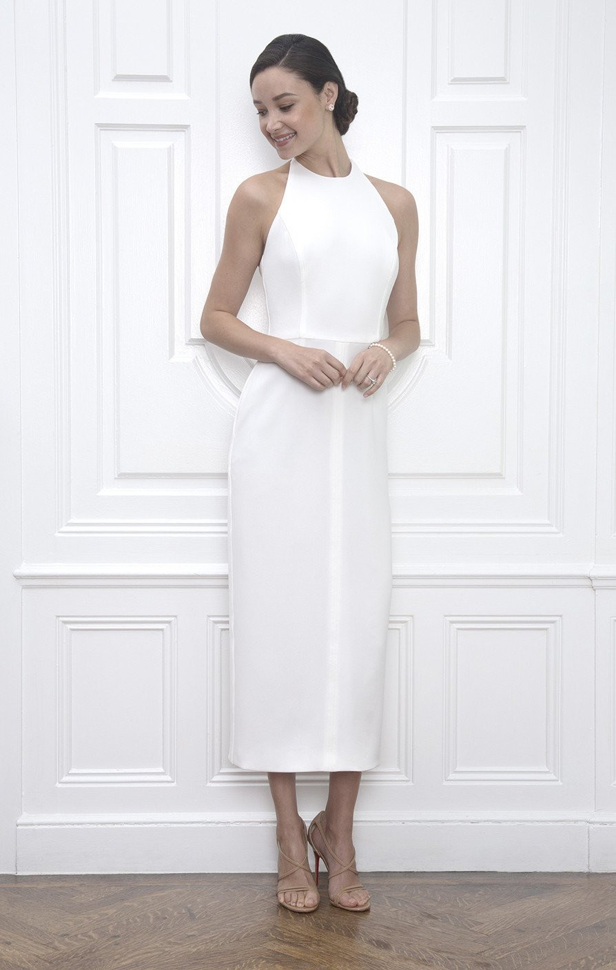 Wedding Rehersal Dinner Dresses
 Sarah White Midi Length Halter Rehearsal Dinner Dress