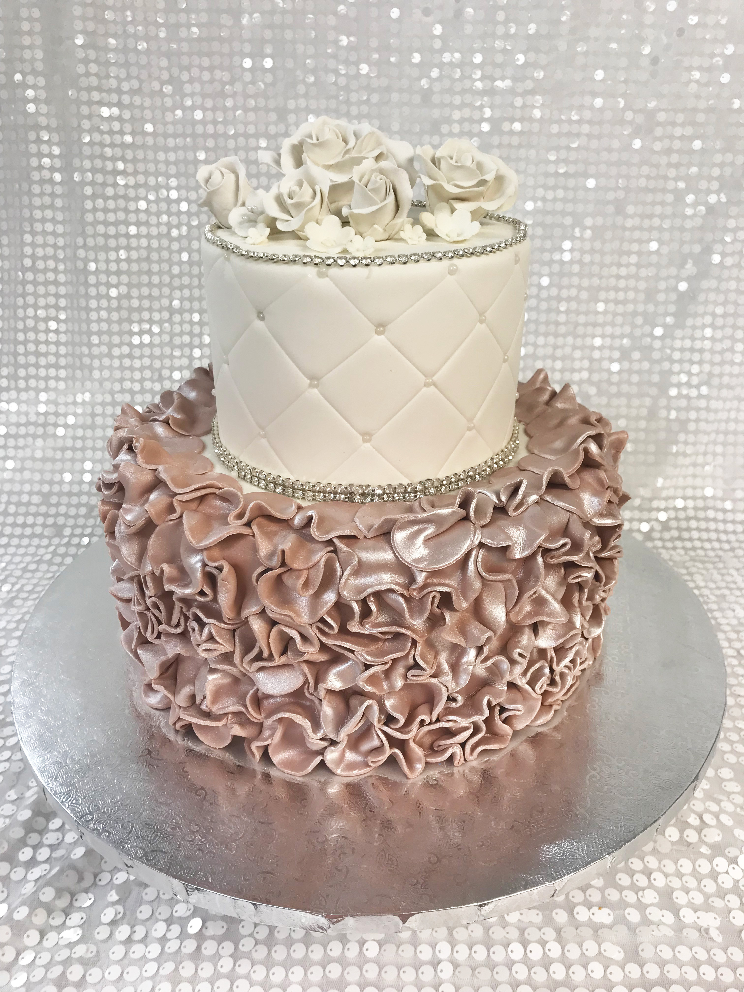 Wedding Shower Cakes
 Ivory and Tan Opal Rose Ruffle Bridal Shower Cake