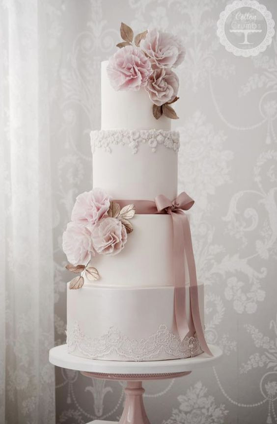 White And Pink Wedding Cakes
 Four Tier Pink Detailed White Wedding Cake