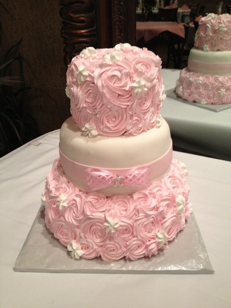 White And Pink Wedding Cakes
 Three tiered pink and white rosette wedding cake by