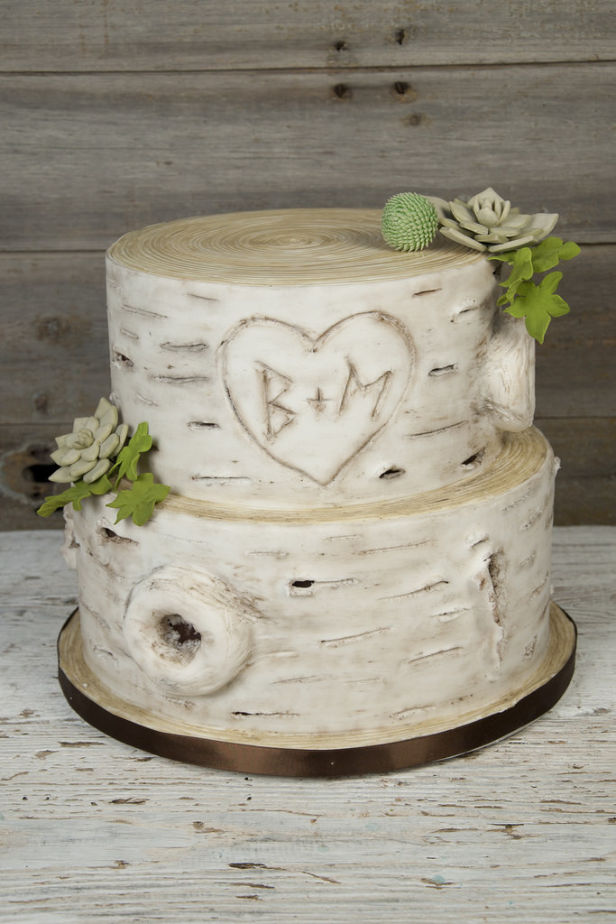 White Birch Wedding Cake
 W9280 rustic birch bark succulent wedding cake