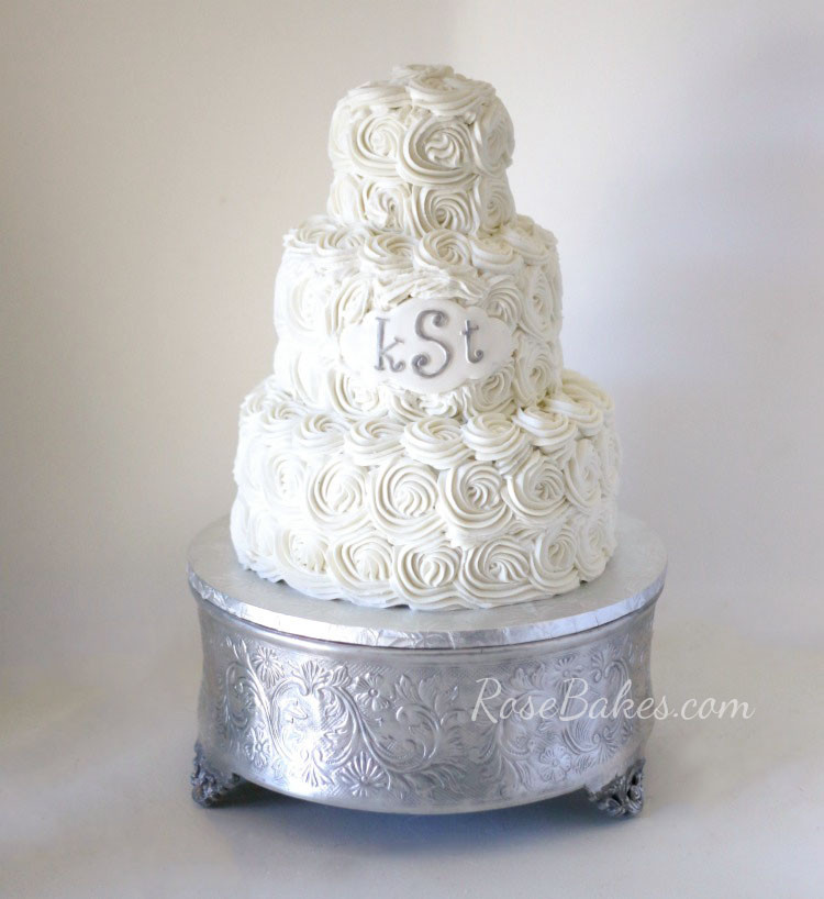 White Buttercream Wedding Cake
 White Buttercream Roses Wedding Cake with Monogram Rose