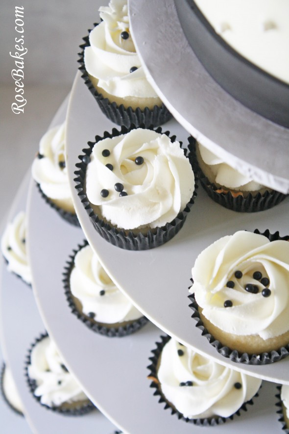 White Wedding Cake Cupcakes
 Black & White Wedding Cake and Cupcake Tower