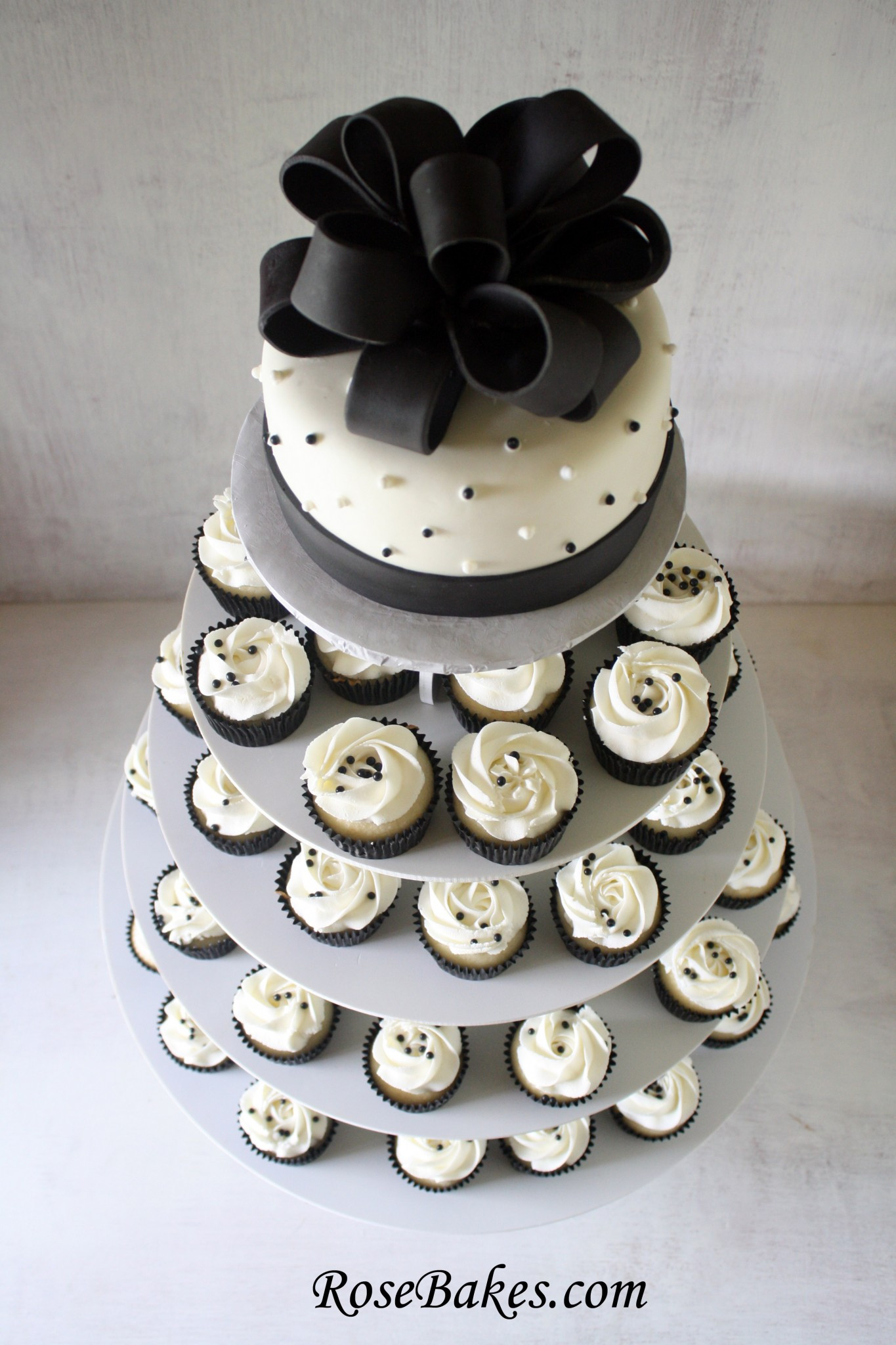 White Wedding Cake Cupcakes
 Black & White Wedding Cake and Cupcake Tower