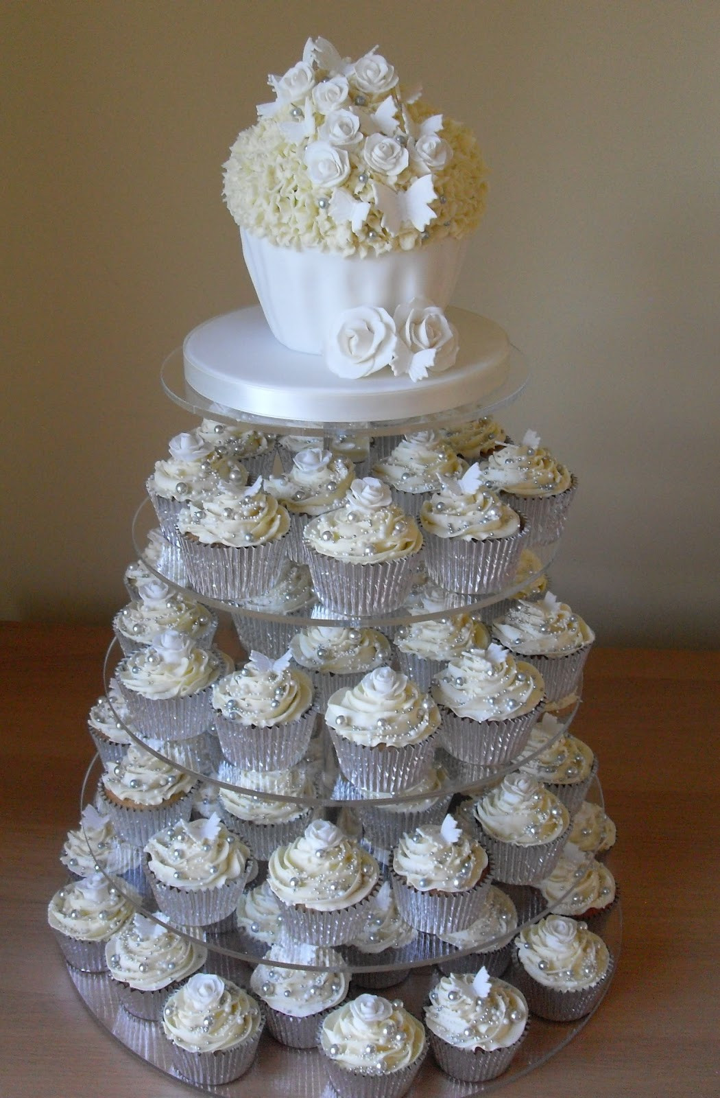 White Wedding Cake Cupcakes
 White and Silver Cupcake Tower