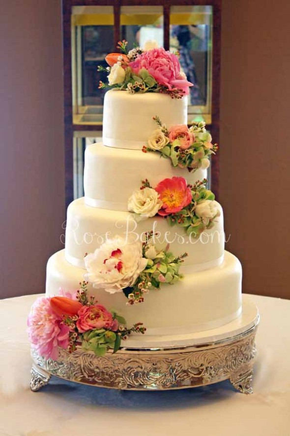 White Wedding Cake With Flowers
 White Wedding Cake with Cascading Fresh Flowers Rose Bakes