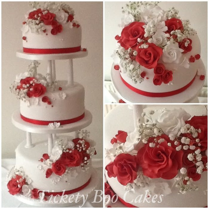 White Wedding Cake With Red Roses
 Red and white rose wedding cake cake by Tickety Boo