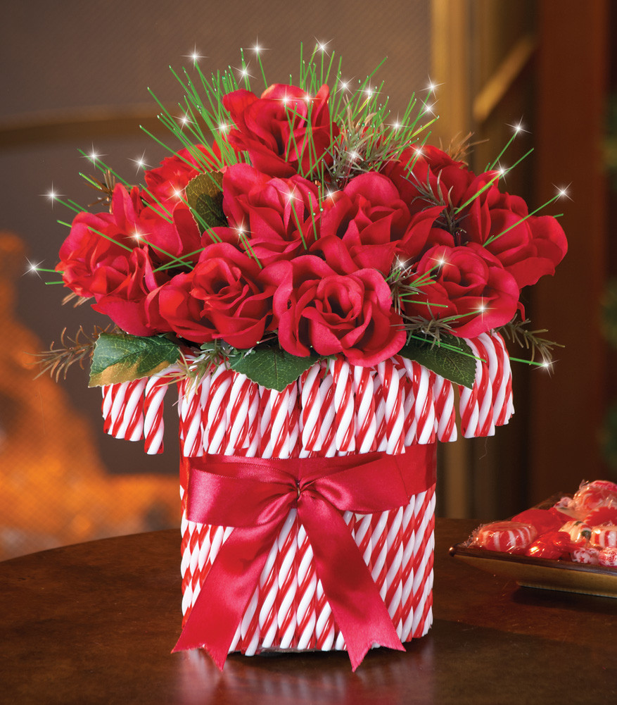 Candy Cane Centerpieces For Christmas
 Red Roses Bouquet in Red and White Candy Cane Vase