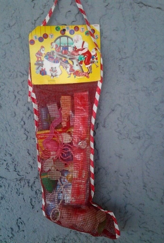 Candy Filled Christmas Stockings Wholesale
 Vintage Old Mesh Christmas Stocking plastic toys UNOPENED