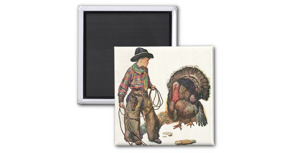 Catching The Thanksgiving Turkey
 Vintage Thanksgiving Cowboy Catching a Turkey 2 Inch