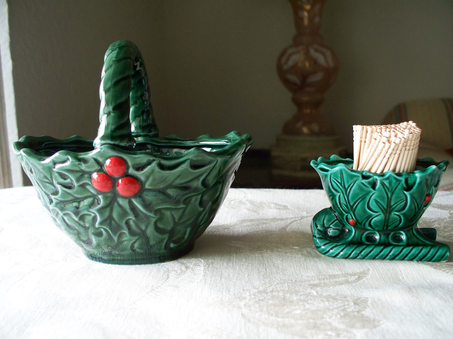 Christmas Candy Dish
 Vintage Ceramic Christmas Holly Candy Dish by