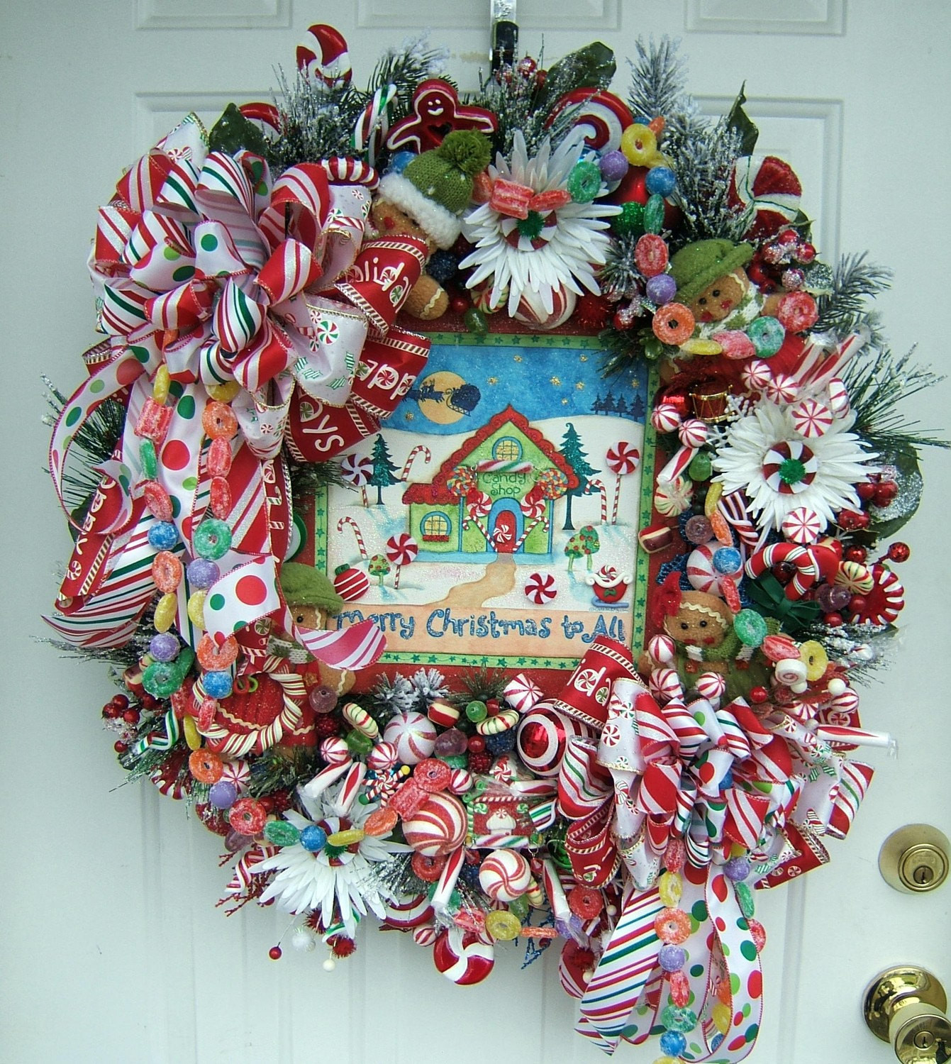 Christmas Candy Wreath
 Gingerbread Christmas candy shop door floral wreath