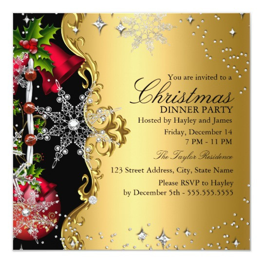 Christmas Dinner Invitation
 Red green Gold Snowflake Christmas Dinner Party 3 Card