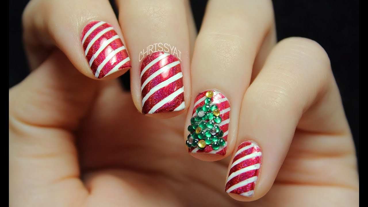 Christmas Nails Candy Cane
 Candy Cane Stripes & 3D Christmas Tree Nail Art