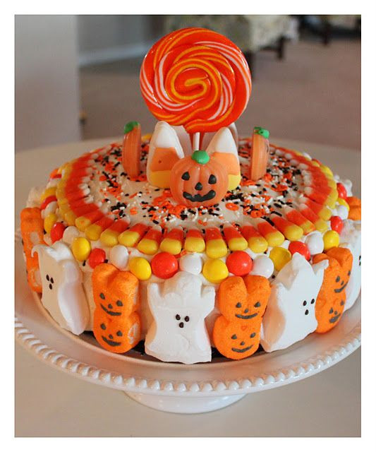 Halloween Candy Cakes
 Halloween cake with frosting sprinkles Peeps candy corn