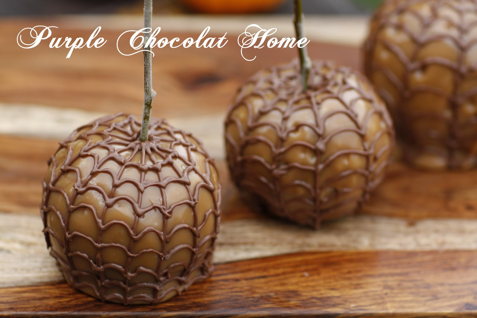 Halloween Caramel Apples
 Spider Webbed Caramel Apples Purple Chocolat Home