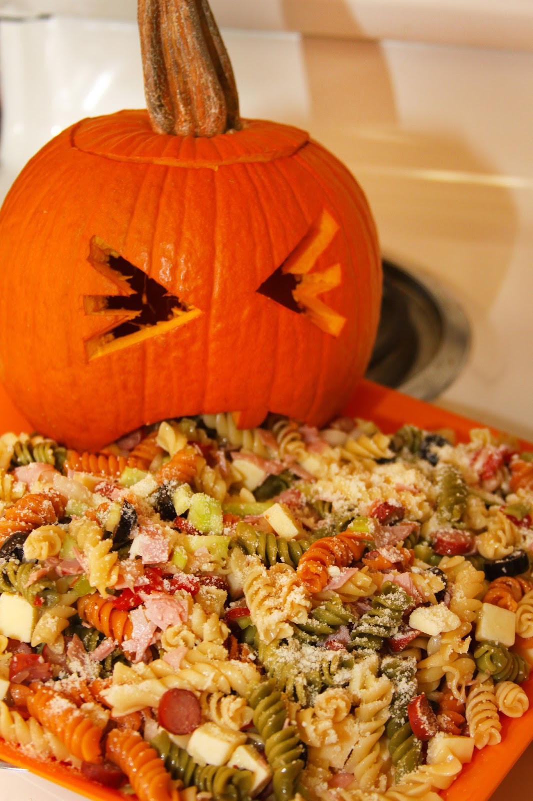 Halloween Pasta Salad
 For the Love of Food Upchuckin Pumpkin Loaded Pasta