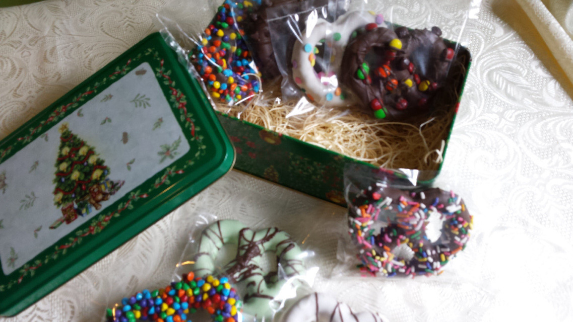 Individually Wrapped Christmas Candy
 Chocolate pretzel Holiday Tin Basket 8 assorted hand made