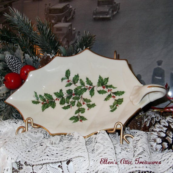 Lenox Christmas Candy Dish
 Vintage Lenox Christmas Candy Dish with Handle Holly Leaf
