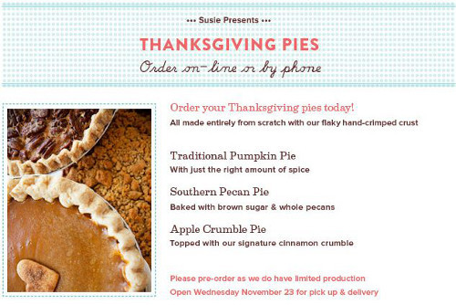 Order Pies For Thanksgiving
 SusieCakes Signage Now Up & Thanksgiving Pies Available