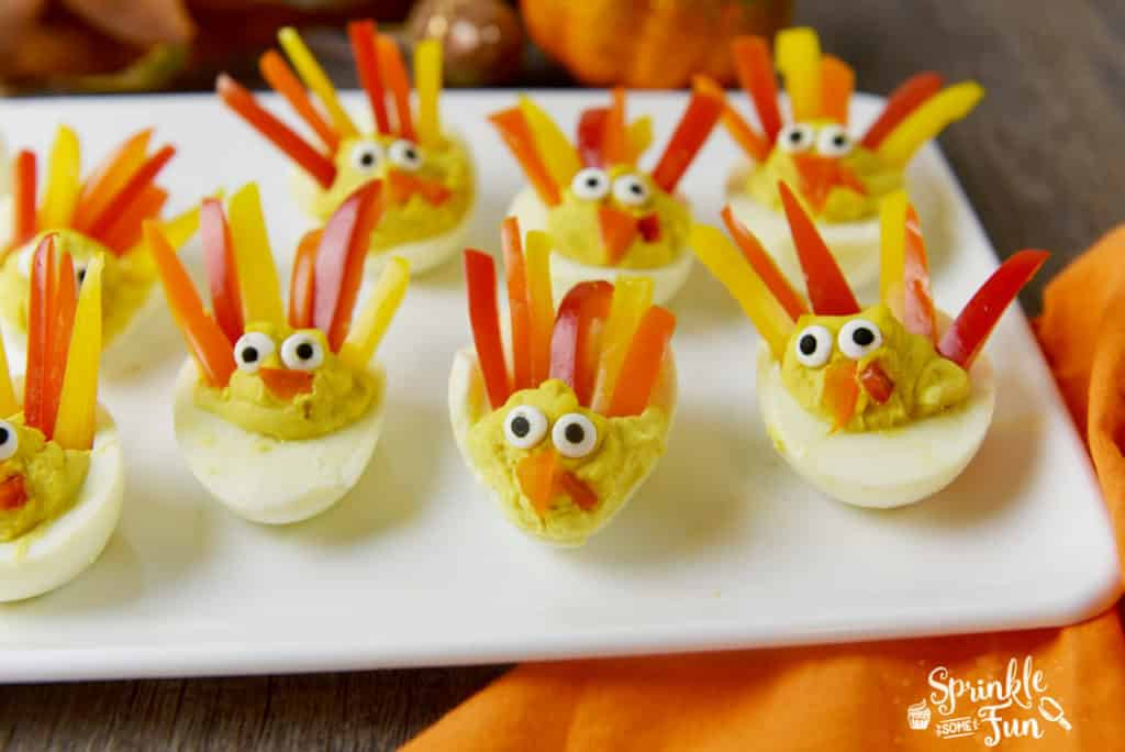 Thanksgiving Deviled Eggs Decorations
 Deviled Egg Turkeys Sprinkle Some Fun